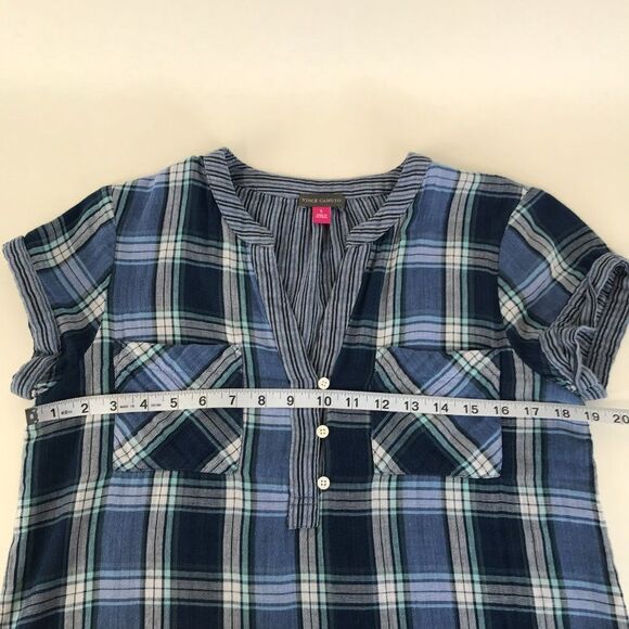 Vince Camuto Cotton Mixed-Print Henley Top Women's Small Split V-Neck Pockets - Picture 7 of 10